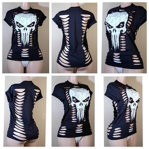 Marve Punisher Customl Black Skull Cutout Tee